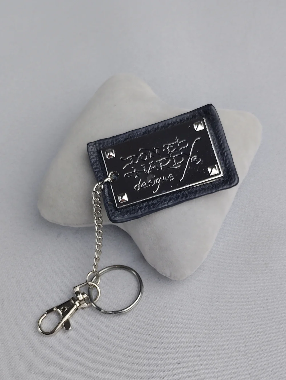 Ed Hardy Black Leather Keychain with Silver Logo Plate